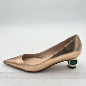 FSJ Gold Bridal Pointed Toe Chunky Low Heel Crystal Pumps Slip on Wedding Shoes